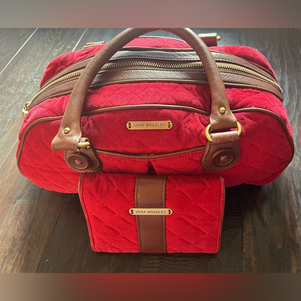 VTG Vera Bradley Red Quilted Corduroy Satchel & Matching Wallet Equestrian/Prep